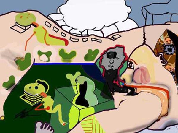 Drawn and colored in Photoshop its colors are blue, pink, and green (though there’s white, grey, brown, and black, too). It is both linear and with sold areas of color. It has in it some abstracted faces and figures, including a line of green ‘mouse ears’ (as in Mickey Mouse-type ears).
