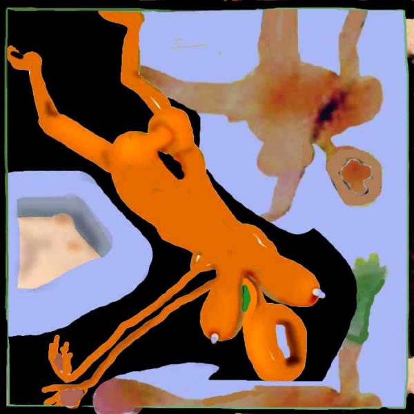 This is a print drawn and colored in Photoshop. It is drawn through my imagination.The colors are orange, blue, black, with small areas of pink, tan, and green. There is an orange naked female body falling upside down diagonally across the square space; the figure is surrounded by black. Echoing that falling figure is a smaller falling figure of indecipherable gender, in tan. Neither figure has a discernible face. The orange one has huge breasts. At the bottom is the hint of another figure, lying down, with a green-gloved hand reaching up.