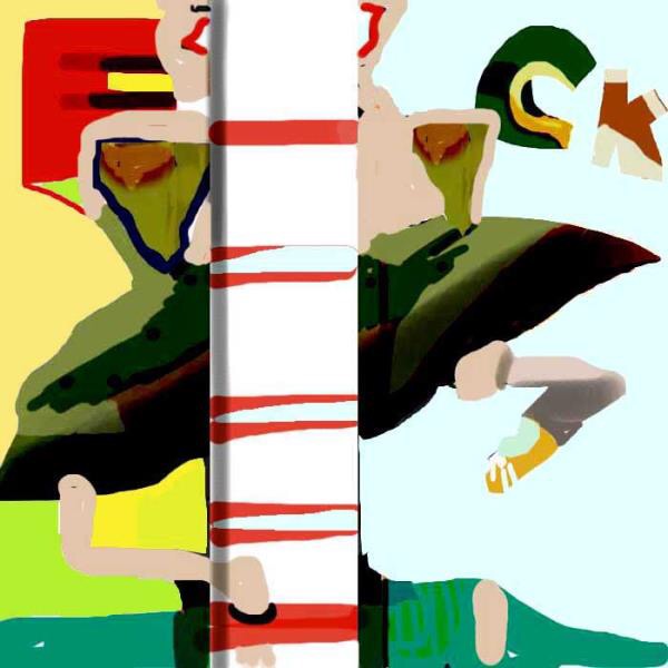 An abstract photoshop artwork in white, red, yellow, black, blue, and green. This image is of a rectangular column traversing top to bottom of the square space and almost in the center. It in effect divides a female figure, who can be seen on either side of the column. She is dancing, her dress floating. To the left side of her is yellow; to her right is blue.