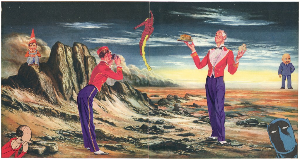A mixed-media collage on paper with a red martian landscape and cartoon figures of a white man taking a photo of another white man holding a stack of pancakes and change purse, a white businessman a little white boy in a dunce hat, another white kid giggling and batman's head.