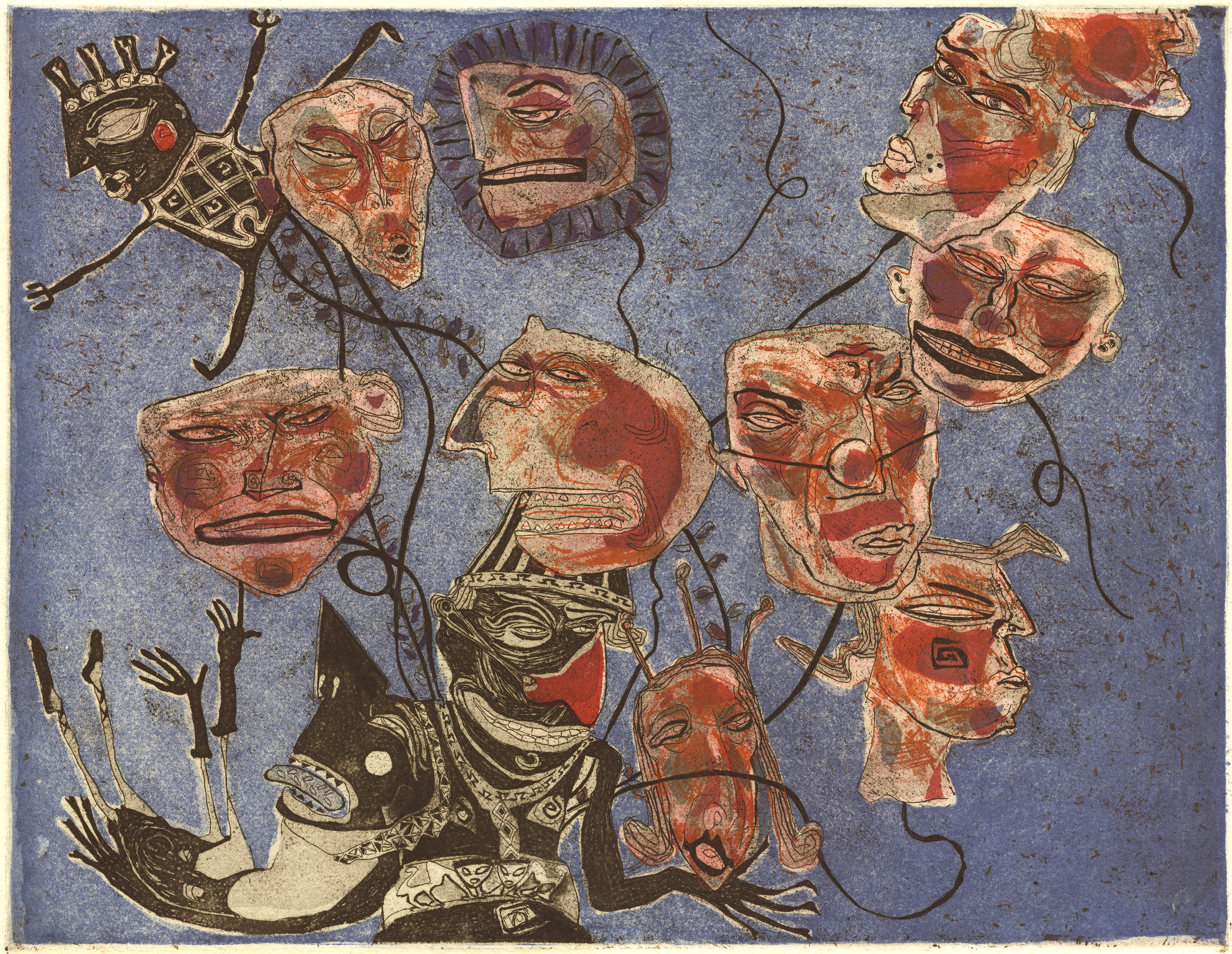 A small etching in black, blues and a range of reds and oranges showing a playful yet sinister interpretation of a two characters. One as the seller of balloons, seen as heads on strings and the other as the accomplice about to pop one of the balloon heads.