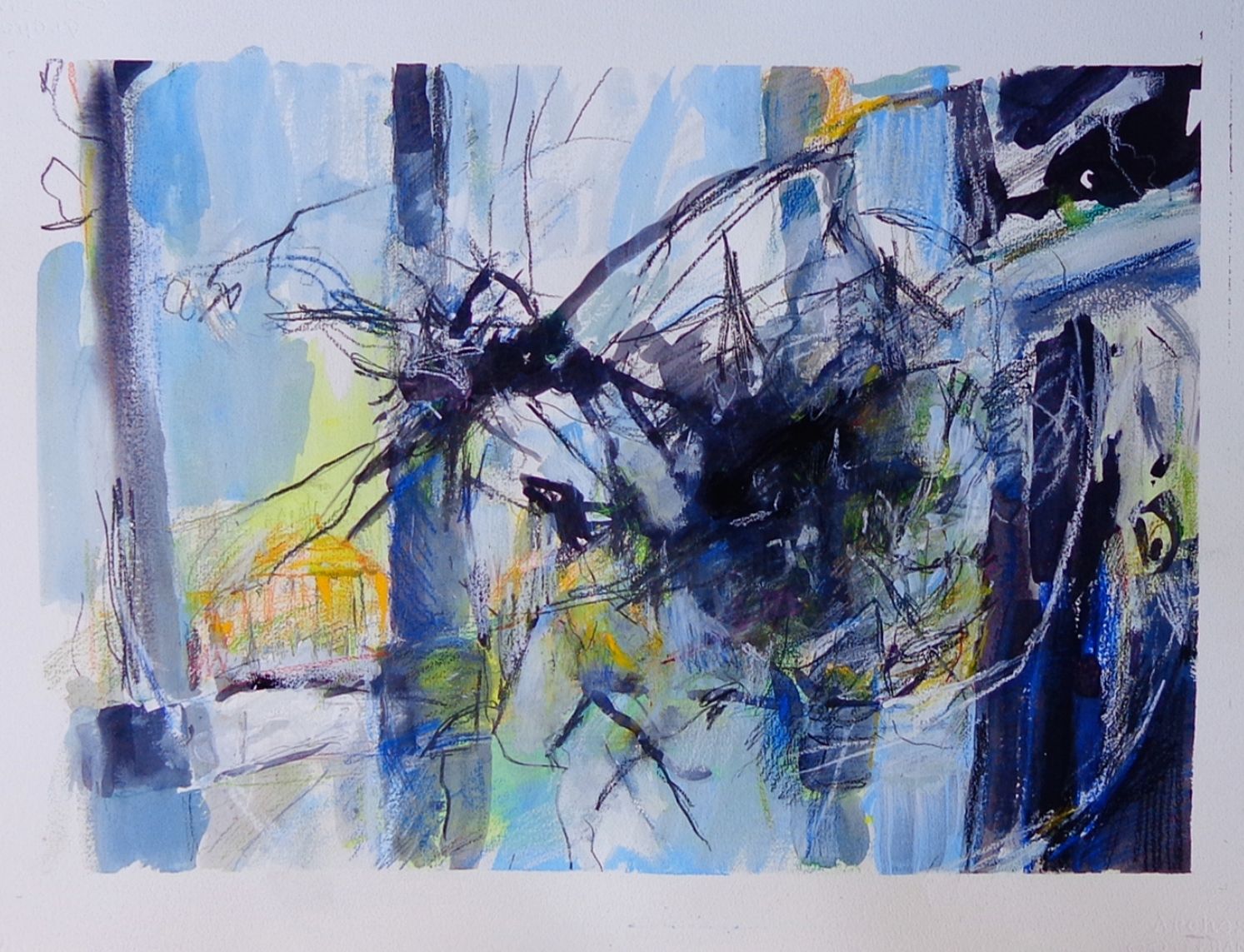 An abstract portrayal of the Capitol created with ink, gesso, graphite, colored pencil and pastel on watercolor paper, mostly in shades of blue, yellow and orange.