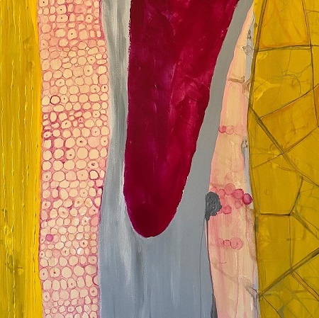 An acrylic painting of the tip of a mechanical hip within surrounding tissue rendered abstract with bright colors of red and yellow.