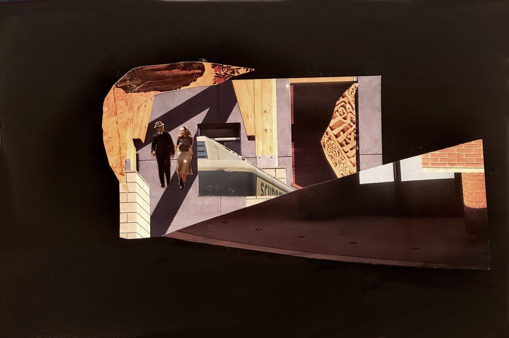 A small collage which has a skewed, interconnected architectural images, in shades of brown, placed in the center of a depiction of deep black negative space. Within the geometry of the central image two small characters, a man and a woman are walking casually towards the viewer seemingly unaware of the oddity of their somewhat ominous surroundings. They are headed somewhere as in a dream.