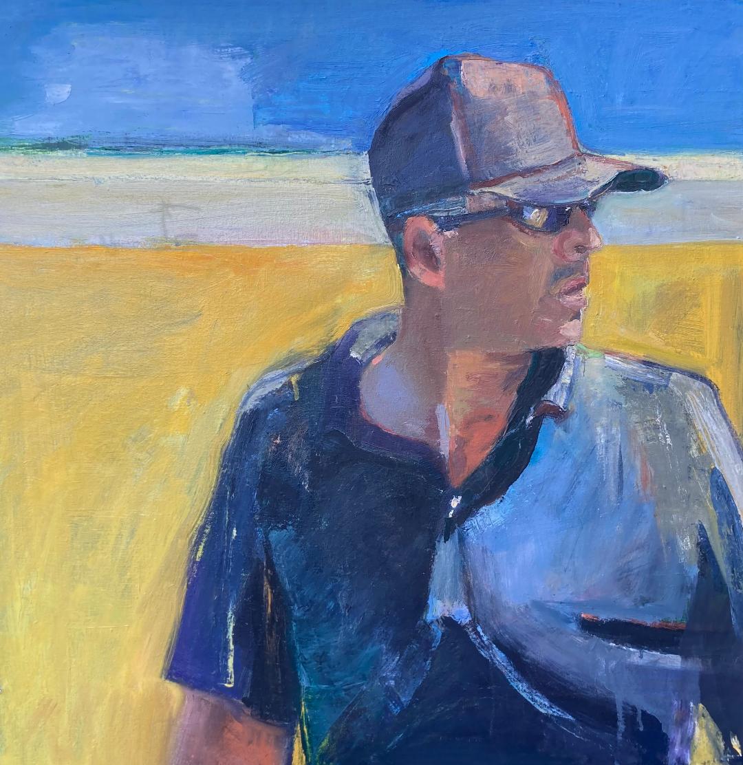 An oil painting of an hispanic man in a blue polo shirt and blue baseball cap against a yellow background.