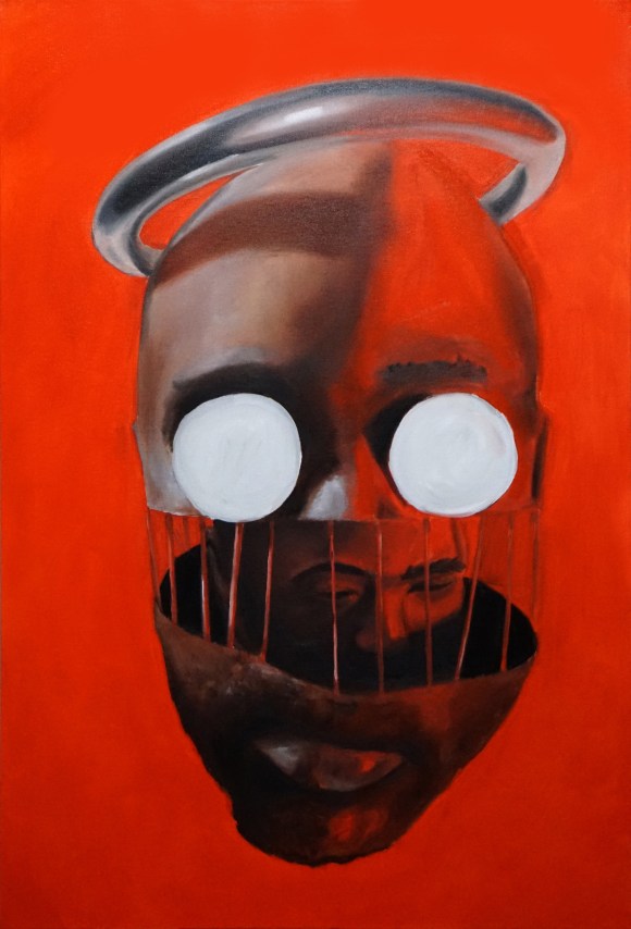 Oil painted on fabric canvas of a man's head nested in a large version of his own head but trapped by bars with white dots over the of shell eyes with a silver halo over the shell head.