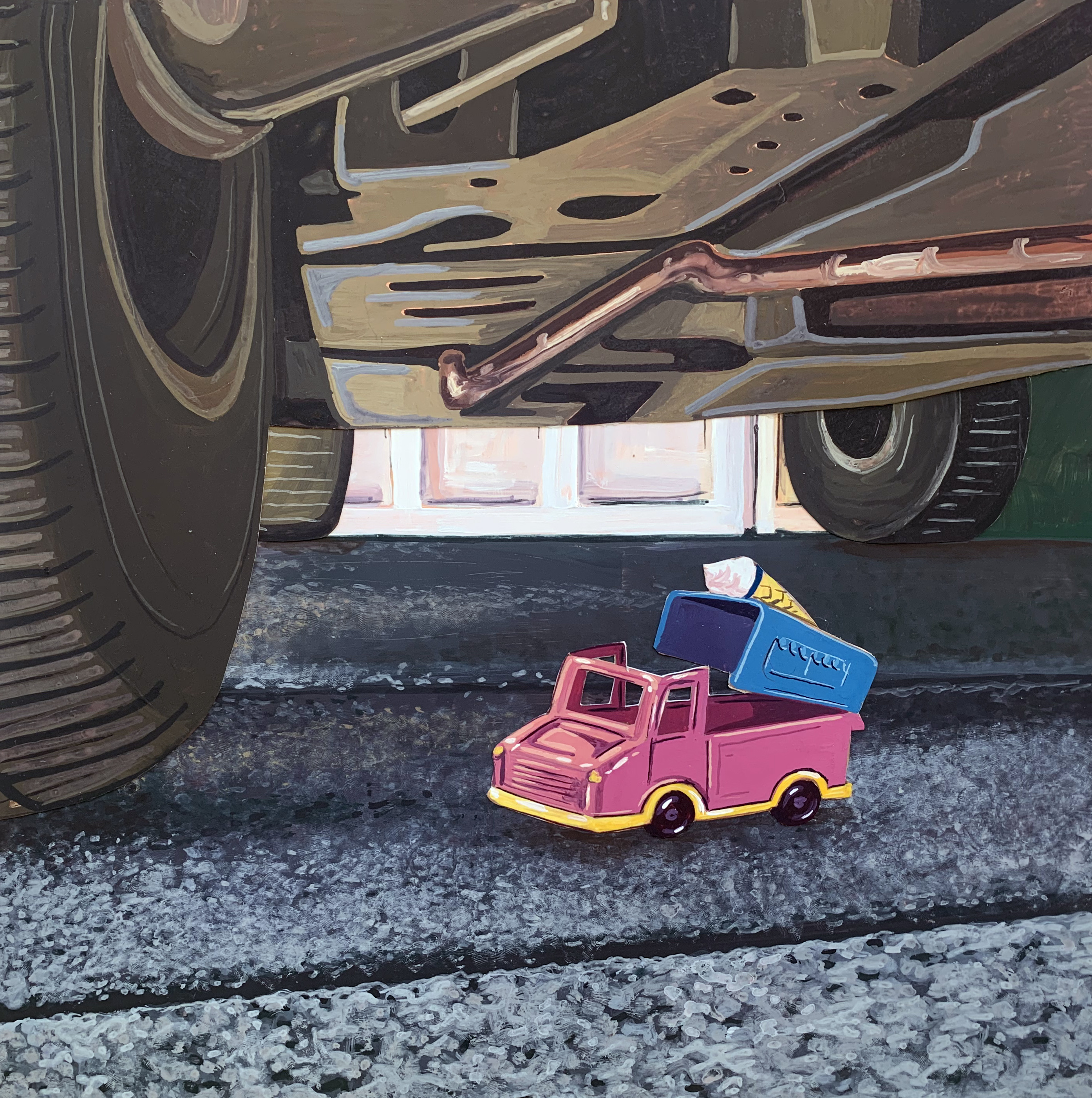 A digital painting of the back wheel of a truck, viewed fom under the truck, and a tiny pink toy truck sitting beneath the larger truck.
