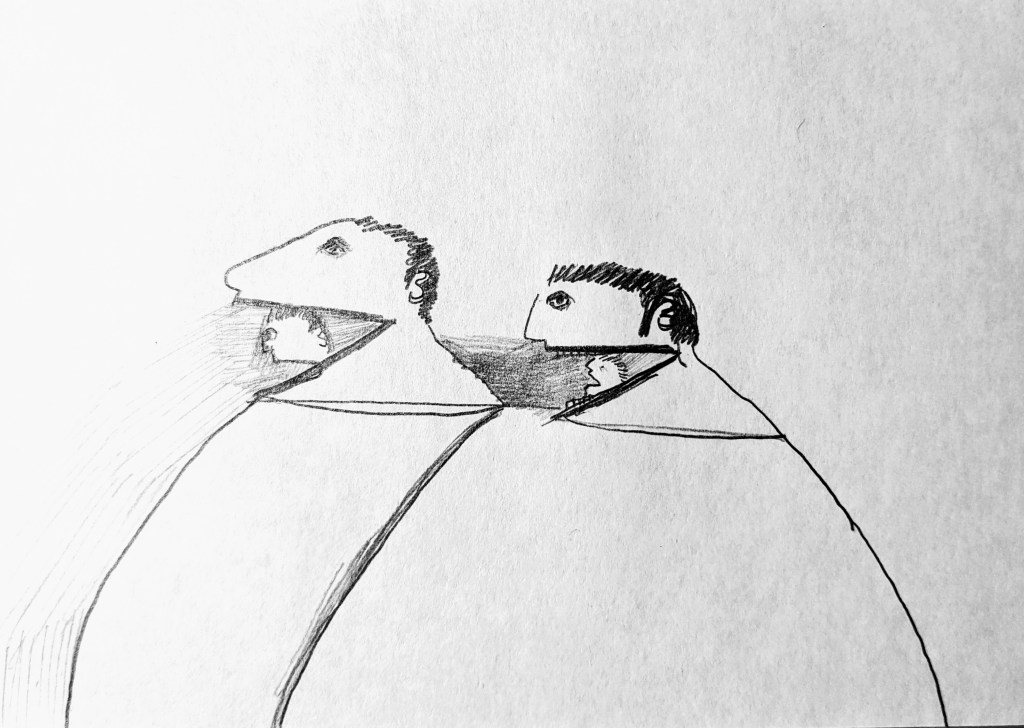 A drawing with grey lead and black pen on paper featuring two tiny caricatures of men coming out of two larger versions of their own heads.
