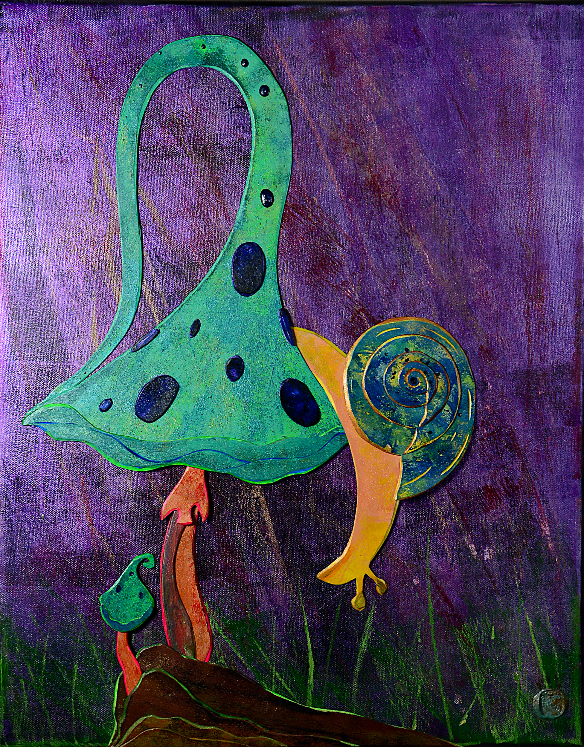 spotted green and blue mushroom with an attached snail