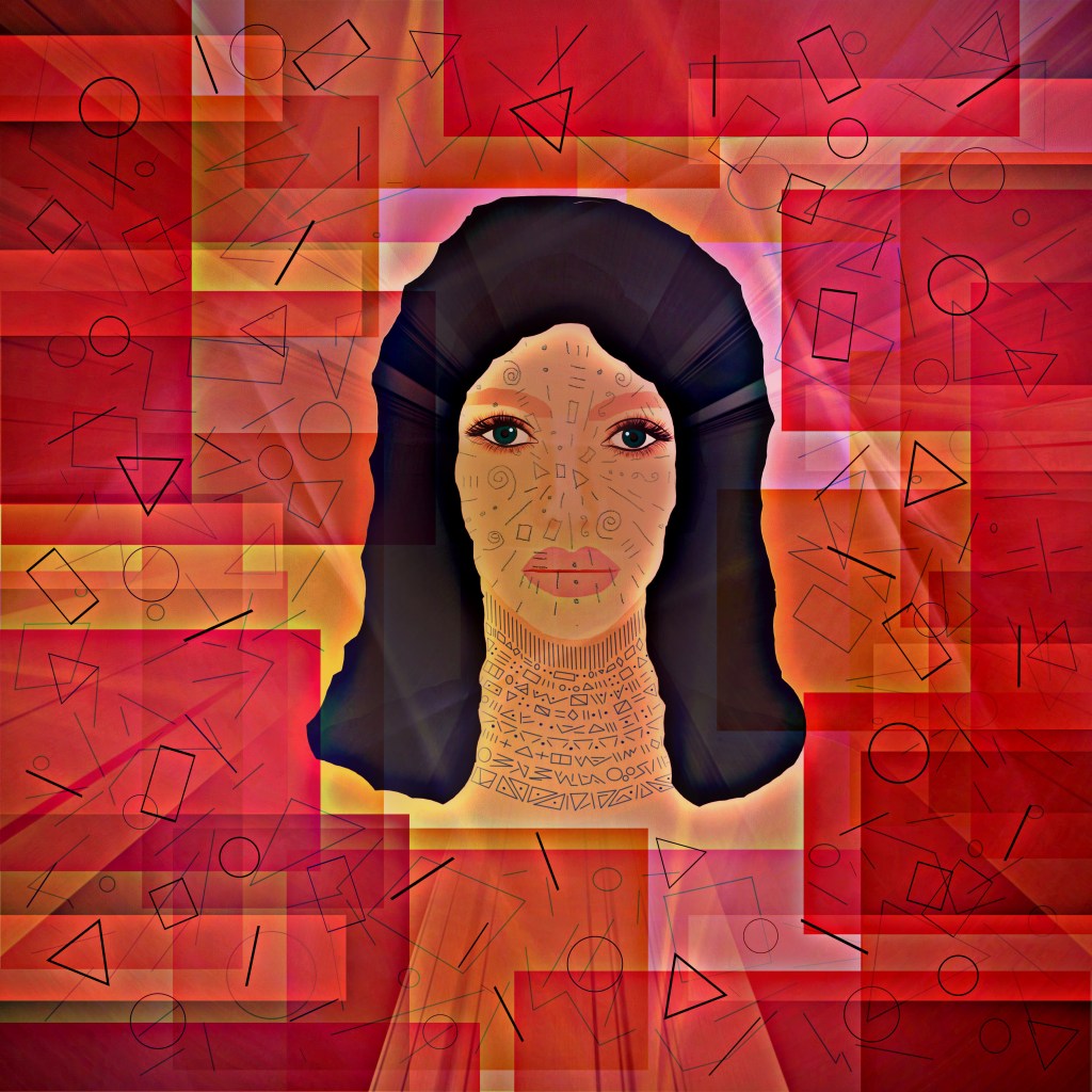 A brunette woman covered in written symbols in the middle of a red, yellow, and orange background of rectangles with floating symbols and shapes surrounding her in streams of light.