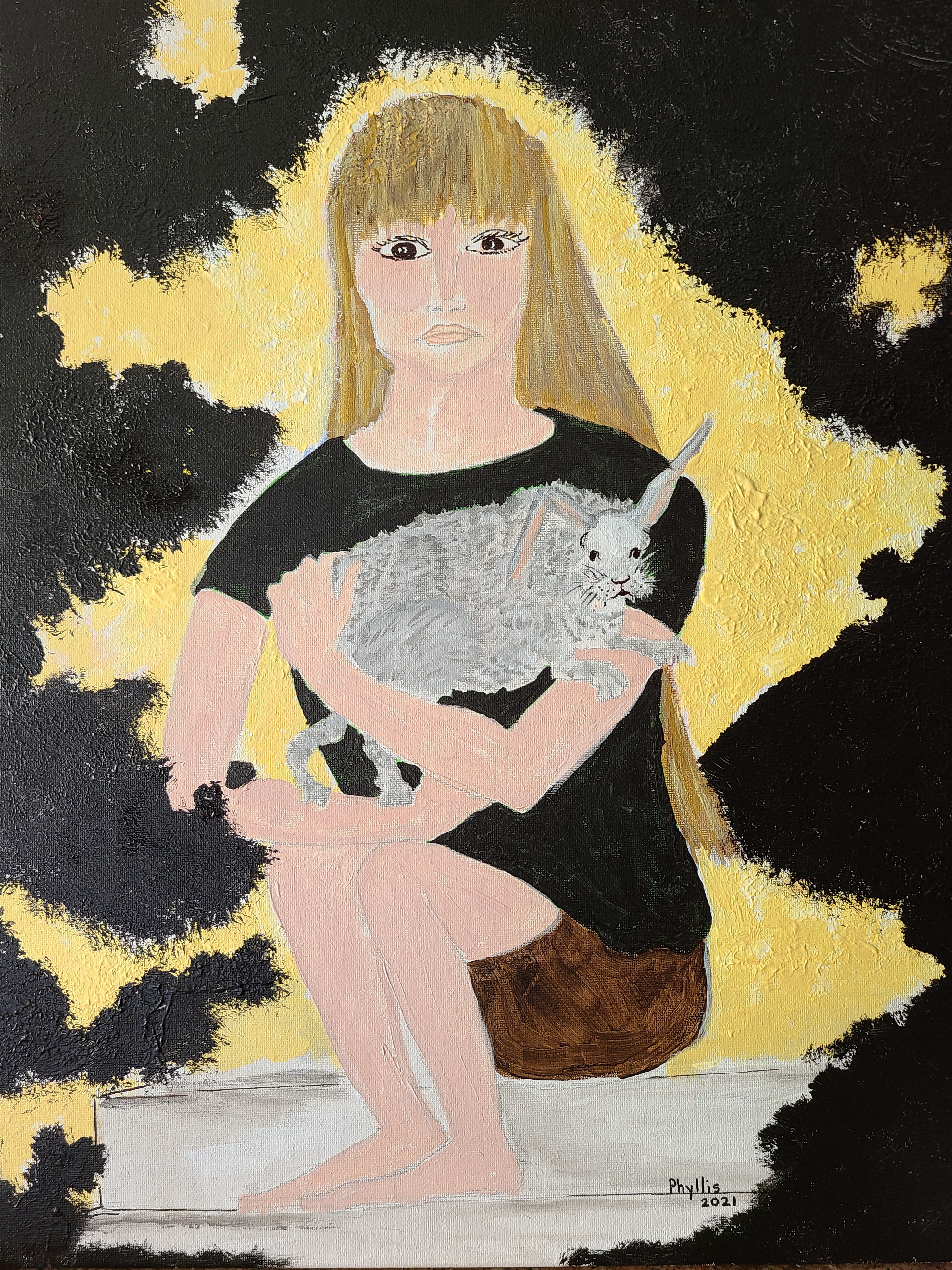 This is an acrylic painting size 16x20 in mainly yellow and black colors. The girl holding the rabbit has a frightening yet stubborn look in her eyes. The rabbit also shows alarm. Darkness is closing in on them.