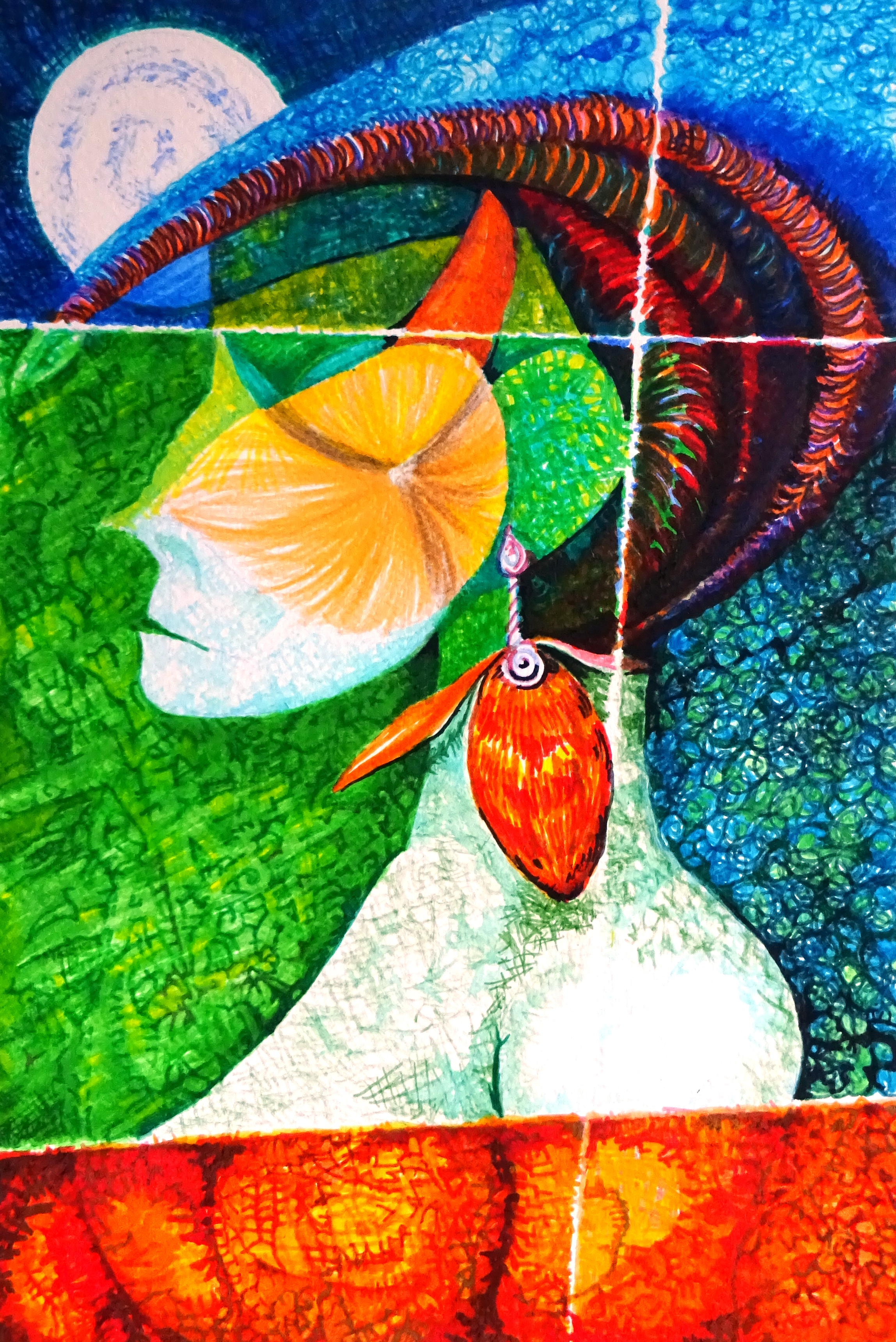 a colourful abstract drawing with a woman's face silhouetted against a moon and she has big earings