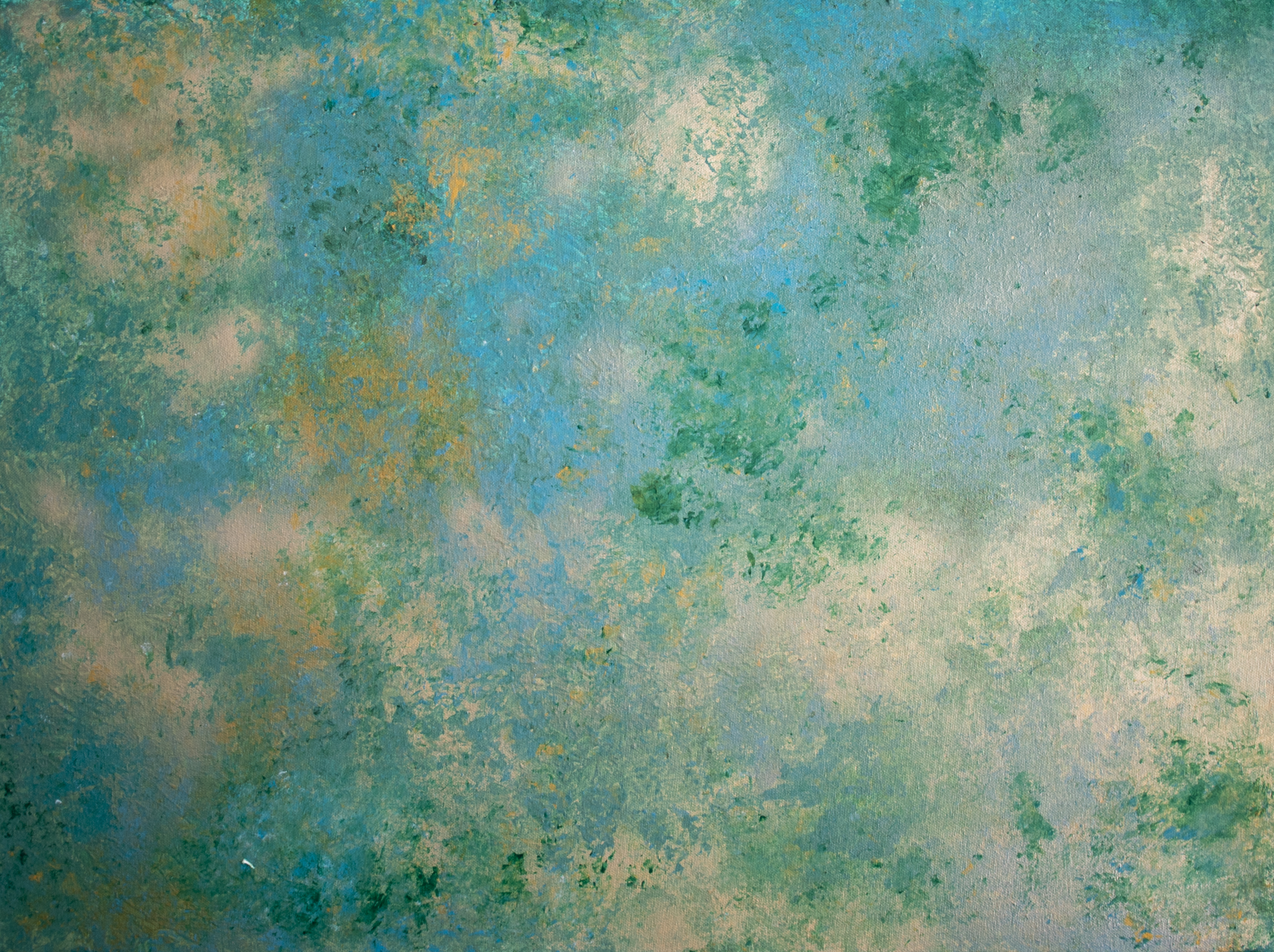 An abstract acrylic painting. It has a cloud like print with different shades of bright light blue, emerald green, a darker shade canary gold and a lighter shade banana gold.