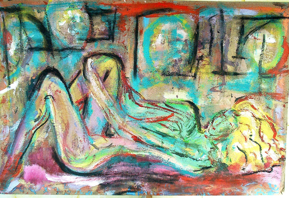 "Beautiful Graffiti" Bright bold graffiti style using oil crayon and acrylic paint. Vague image of female nude reclining with knees bent. Red,yellow,green,black