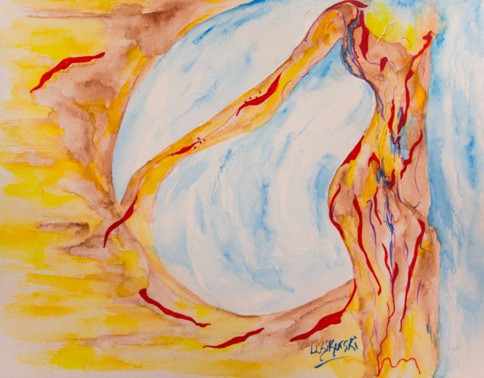 "Becoming" Watercolor of female body using earth element colors of sun yellow,blue sky,red and brown. Connected to a large circle of the same colors.
