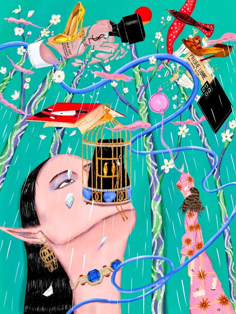 Limited art prints, the color of the entire work is blue-green, an abstract blue line and rain runs through the picture, the falling rain stung the Asian queer in the left corner. 