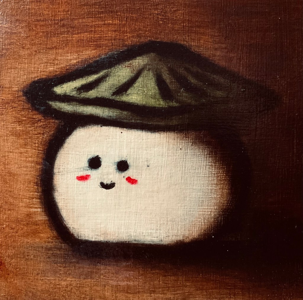 An oil painting on wood depicting a smiling mushroom with a flat green cap with parallel black markings. The background is umber. 
