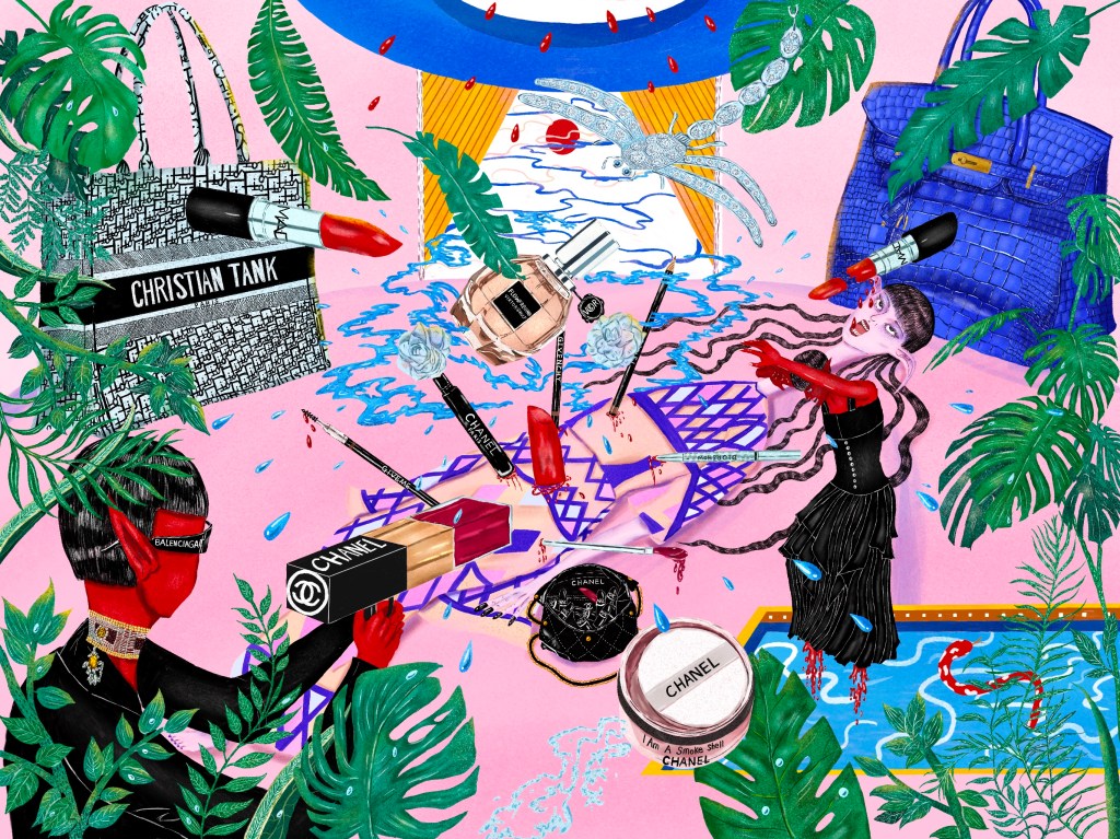 Limited art prints, mainly pink, with green vegetation and some red lipsticks. The blue abstract water dot in the center shows that the brown bomb perfume is about to explode.