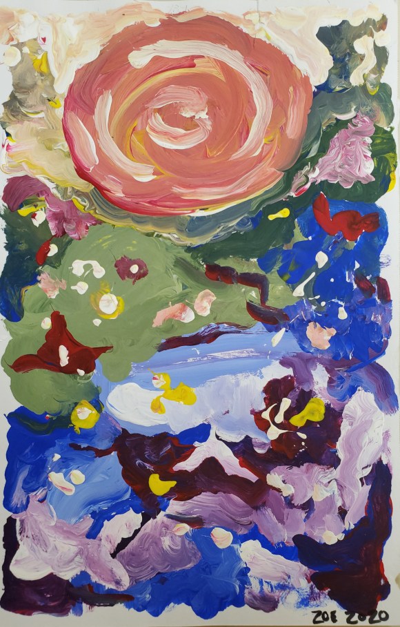 a colorful acrylic painting of an abstract flower garden. A gradient of bright, warm tones from the top transition into dark, cool tones at the bottom.