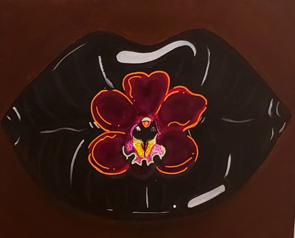 Acrylic on canvas shows a close up of a black person’s mouth wearing glossy black lipstick with a vibrant, maroon orchid blooming out of the center.