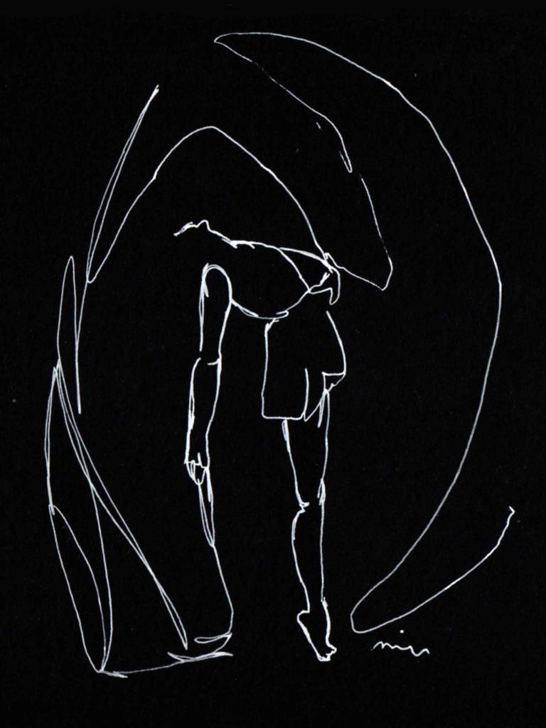 picture with white gel pen on black paper that shows the American dancer and choreographer Doris Humphrey, who worked at the
beginning of the 20th century.