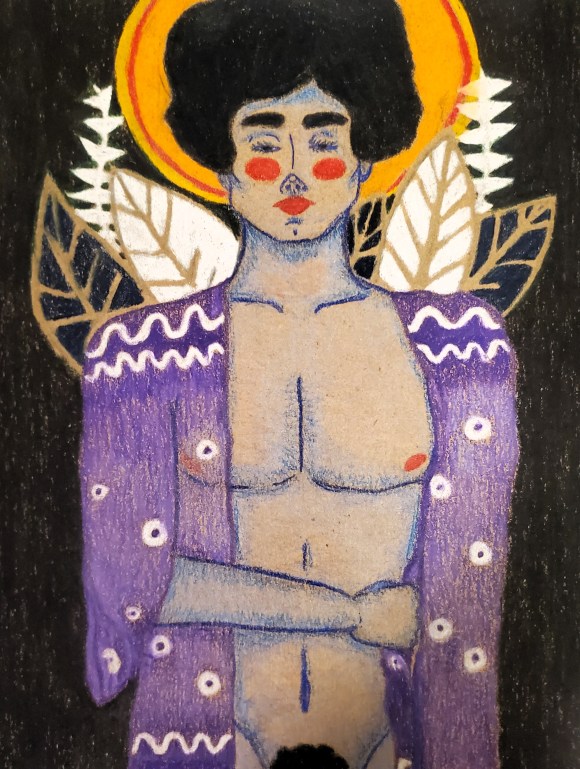 a gender-bend colored pencil drawing inspired by Gustav Klimt's
"Judith." Cool tones purples, blues, and black with gold accents and an
orange halo.