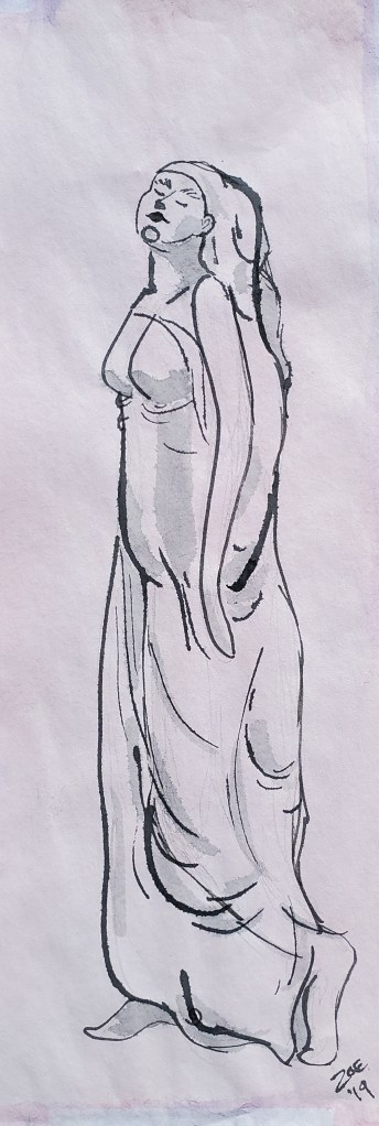 ink drawing of a woman in Greco-Roman robes with her head
tilted towards the sky. There is a pink/red watercolor background.