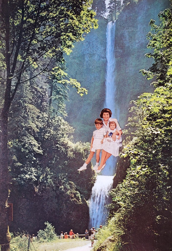 collage made of vintage magazines and nature books shows a brunette mother and two kids posing for a photo on the "Multnomah Falls" bridge.