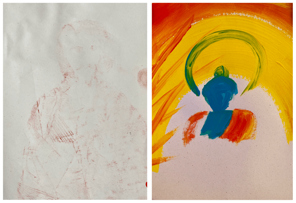 1. an image of Jesus, printed in chalk, outline visible and a few details including some geometric shapes that may be patterns on clothes. Reddish chalk on off-white background.  
2. a brightly colored painting of the medicine buddha, background of sunny yellow and red-orange flashes across it like fire. The buddha is in turquoise blue, with red robes, his face is not discernible, a halo around his head is blue-green as the colors mix. 