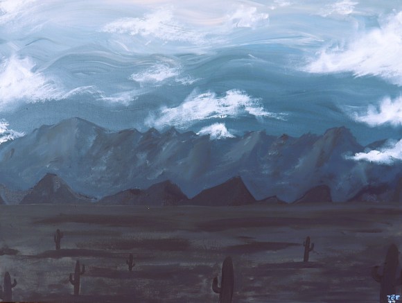 a dark acrylic painting of a desert scene with cactuses in the foreground and mountains in the background. White puffy clouds hang above the scene