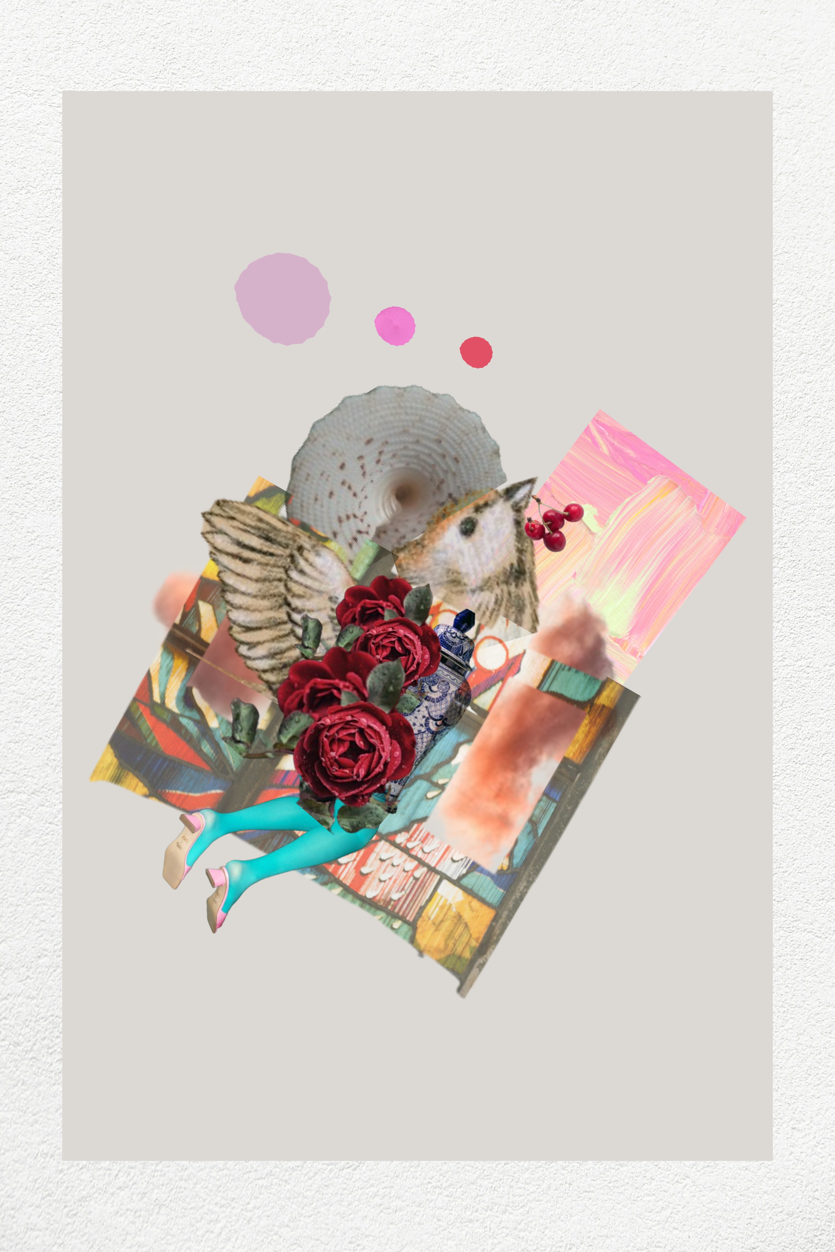 Colorful collage of a bird's head appearing behind a mural, with berries in its beak. Its wings emerge behind red roses. Blue-tights-clad legs stretch from the mural, creating the impression of a half-bird, half-human figure.