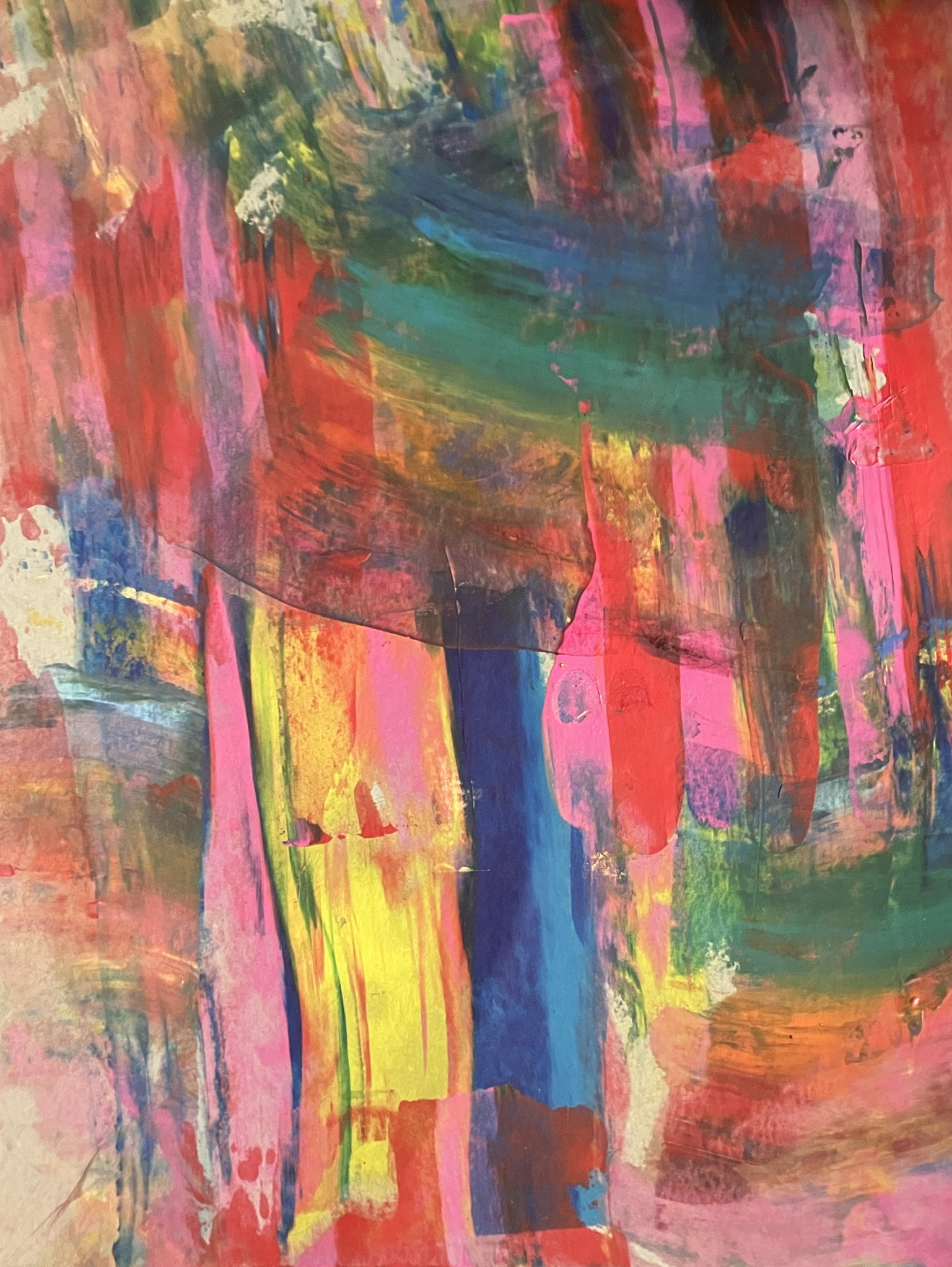 Irregular stripes of candy blue, pink and read create a confusing burst of color in an abstract painting