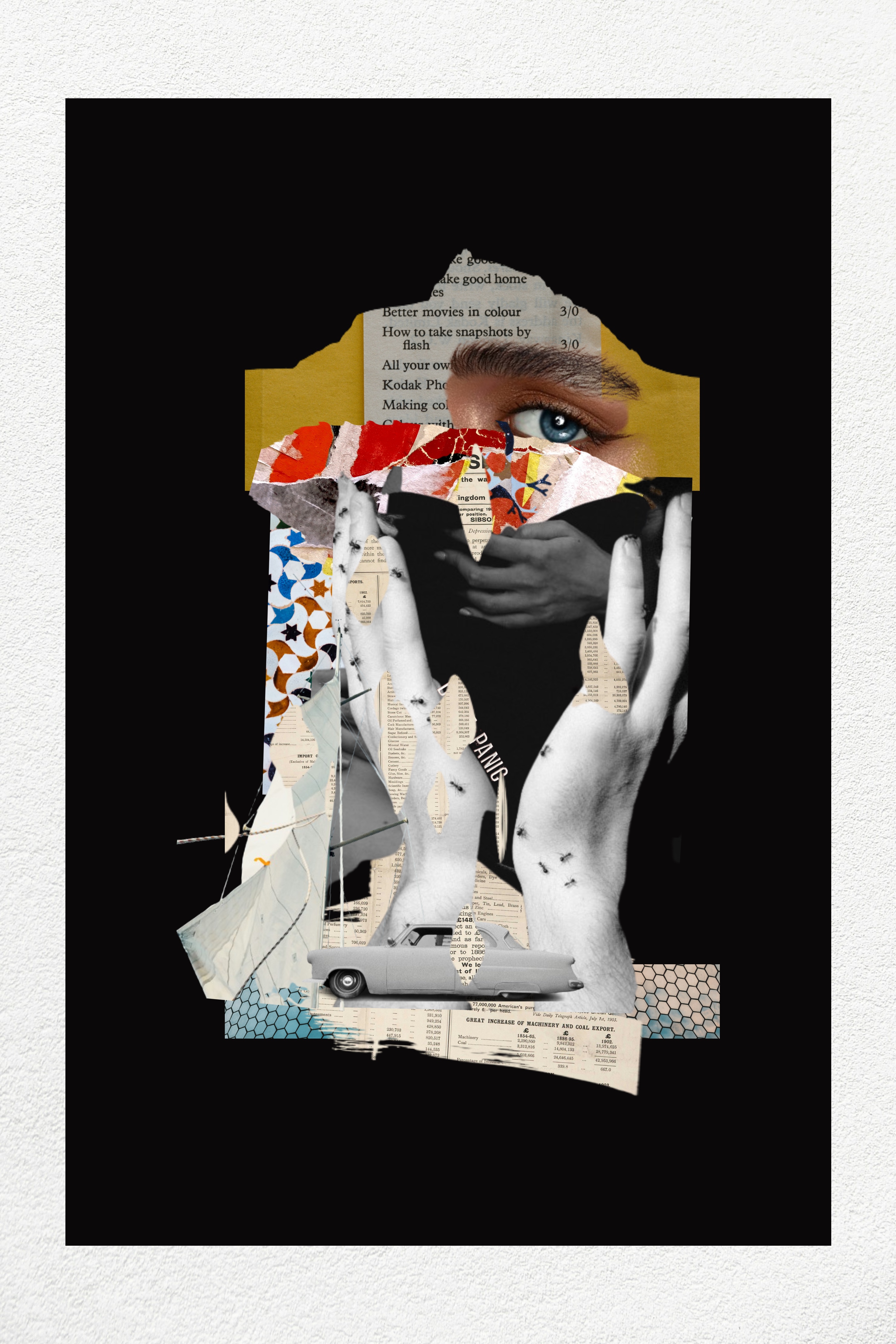 Surreal collage featuring an eye and a hand being cradled in two palms that are overrun with ants. There is a car at the bottom of the palms and pieces of colorful patterns and ripped newspapers across the artwork.