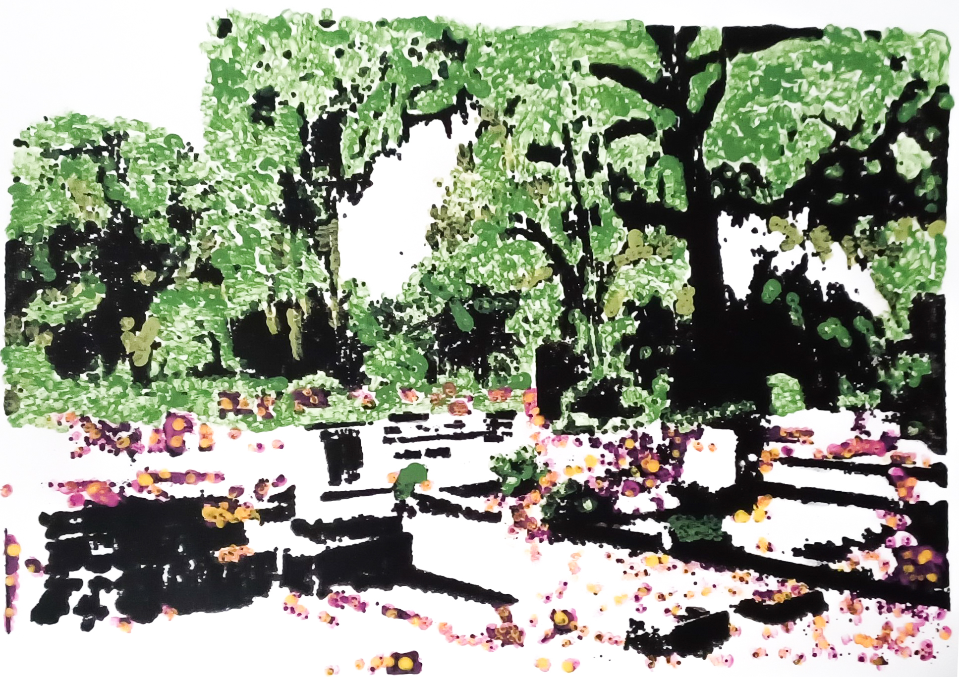 The trees and moss light up Savannah at midnight.