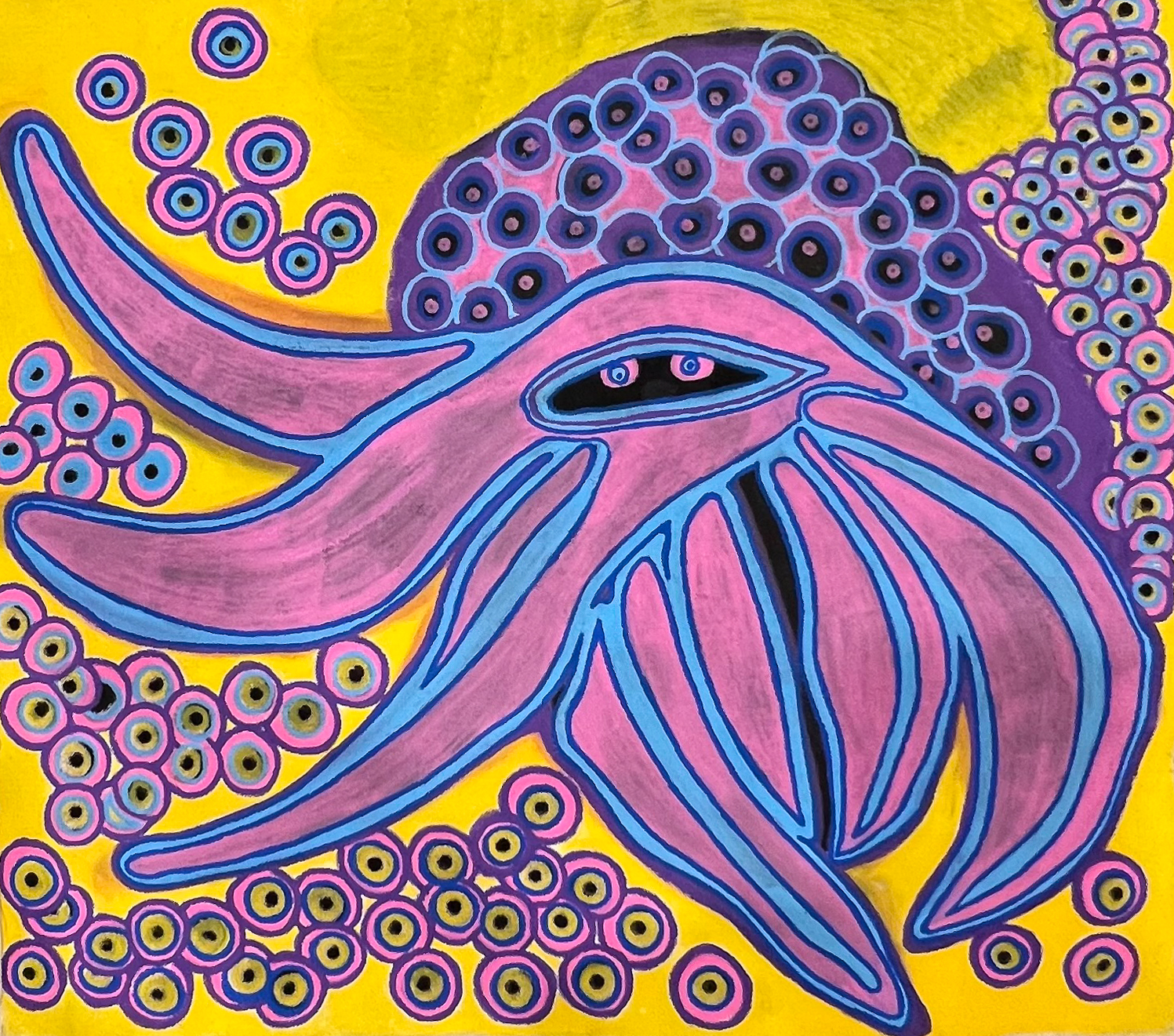 Shades of purple, blue and pink on a yellowish/gold background a crab with long healthy arms and cautious eyes sits surrounded by colorful matching coins close to its body.