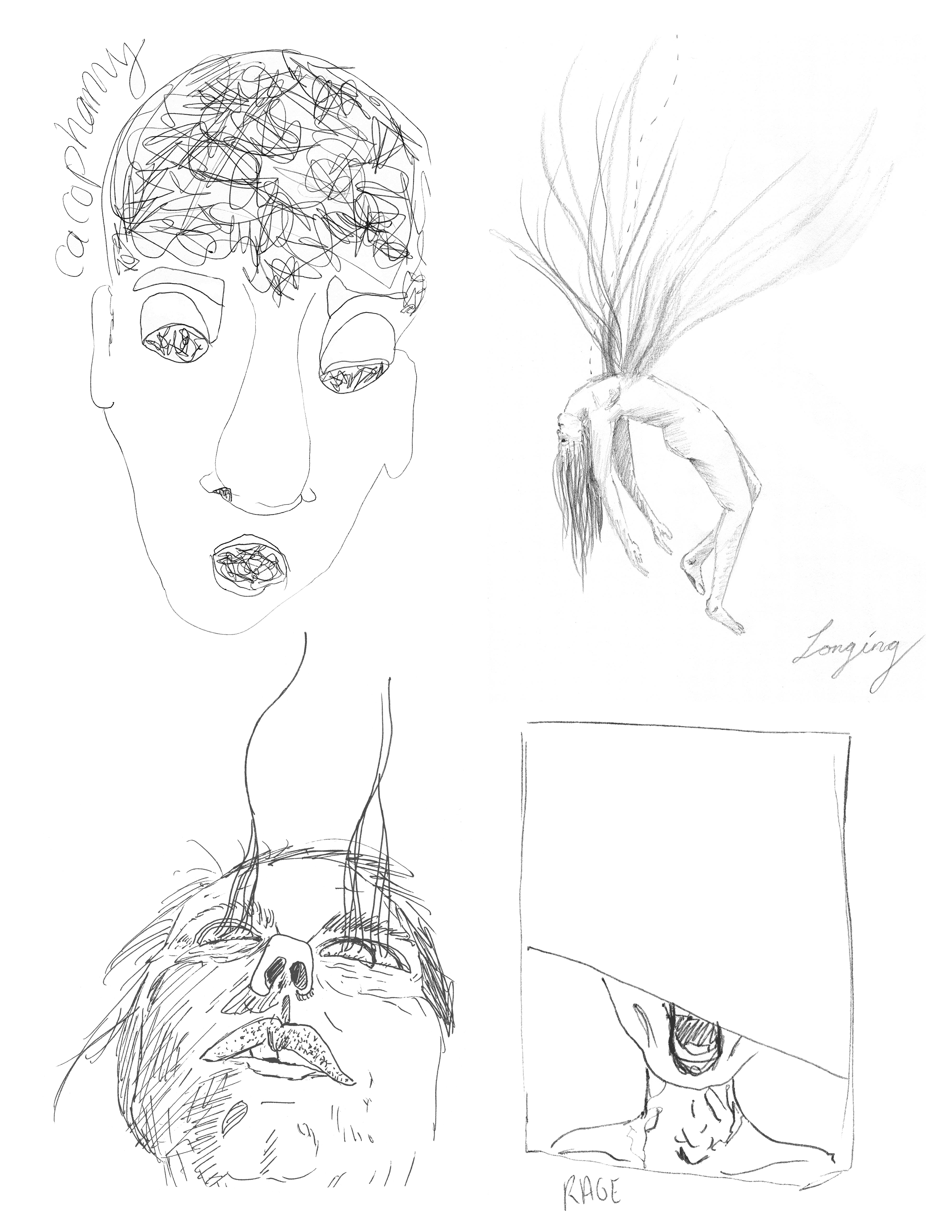 Ink drawings. Cacophony: head full squiggles. Longing: dragged into the air by her core. Dissociation: leaving the body like smoke. Rage: obfuscated by an opaque white box.