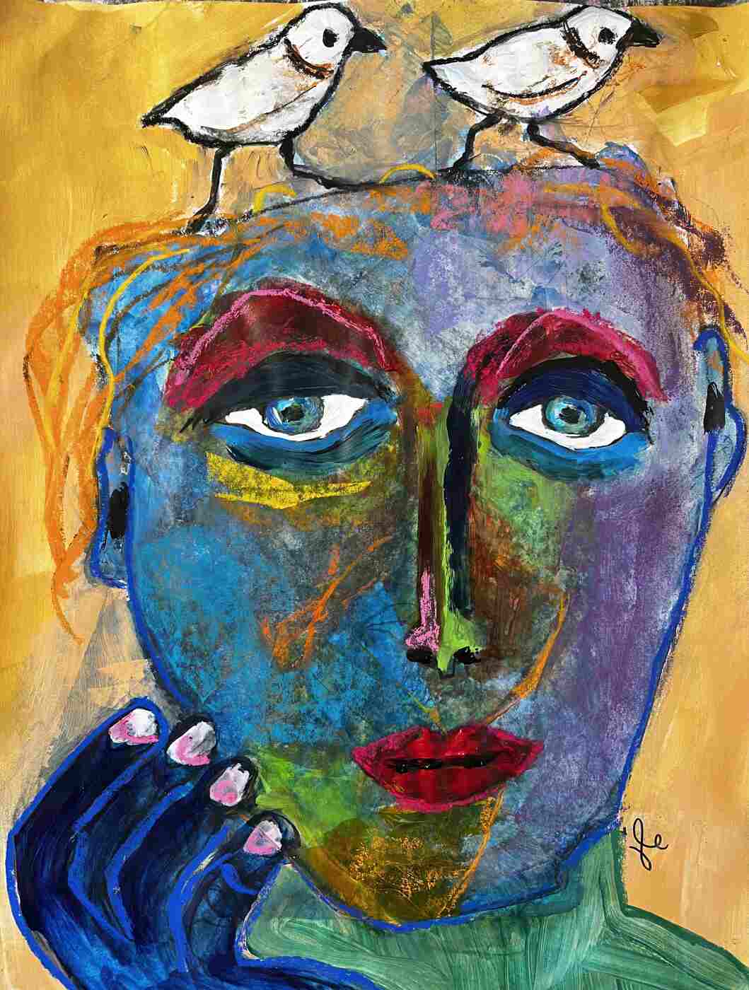 An acrylic on paper whimsical painting of a colorful abstract face looking a little weary in mostly blue and green hues, very big eyes, and two small white birds on top of the head.