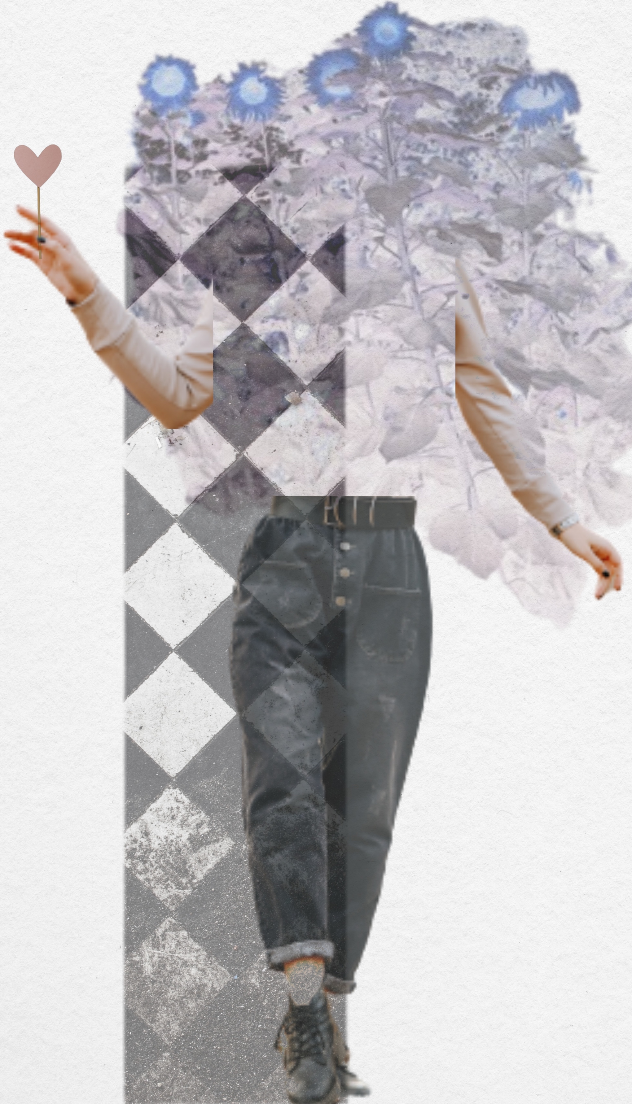 Surreal collage of a body strolling with arms outstretched, a heart-shaped lollipop in one hand. From the torso upward, the body dissolves into black and white checkered patterns with violet florals.  