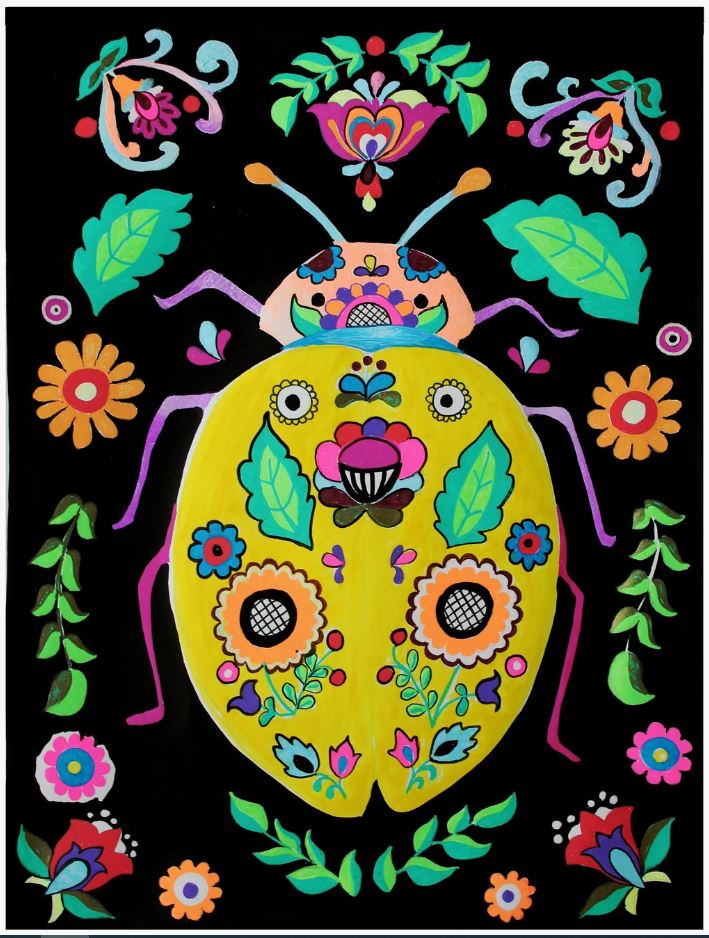*A guache painting of a red background abstract bug that has colorful
floral designs.** The background is mainly black.*