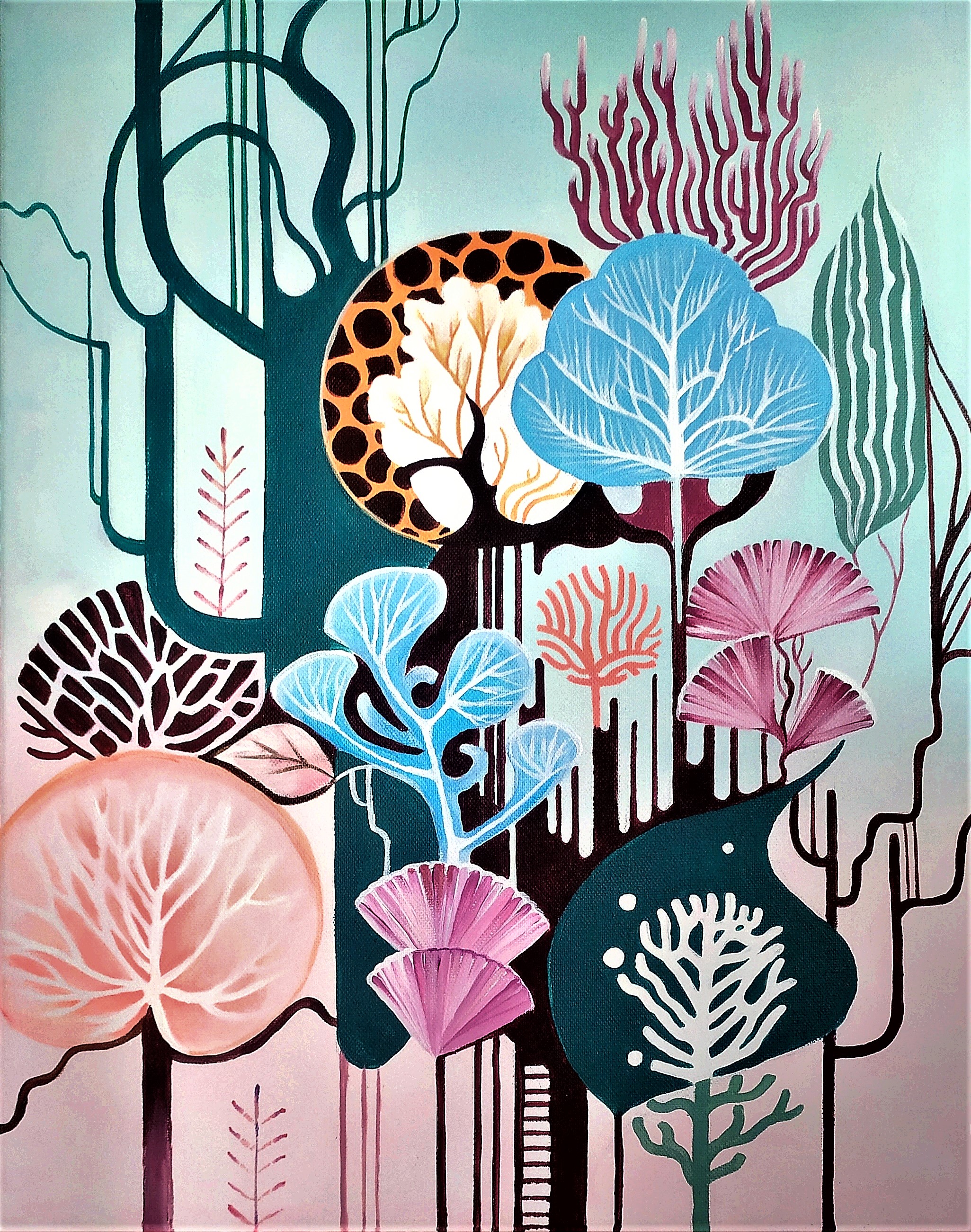 An acrylic painting with pink and blue stylized trees on a blue-green background, accented by colorful circles resembling bubbles.