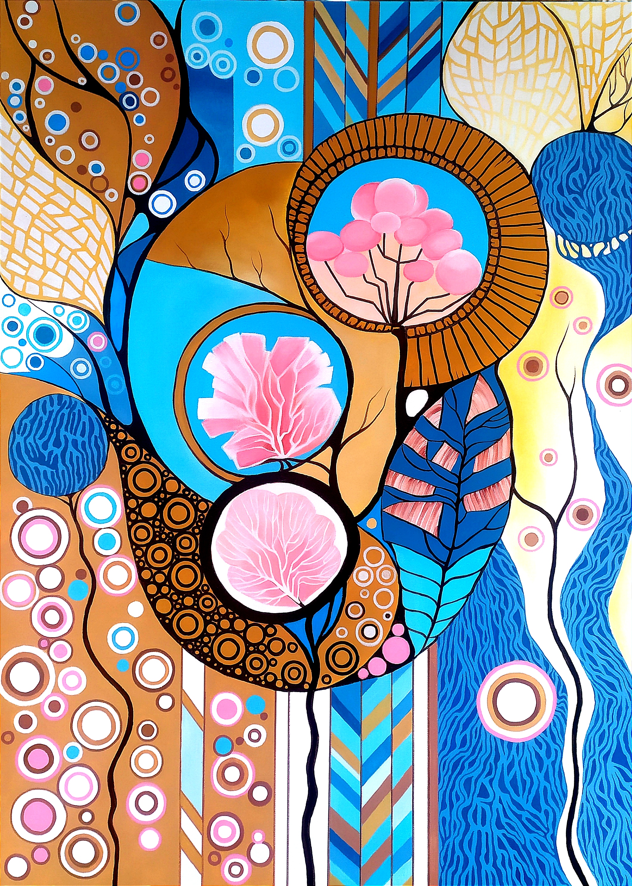 An acrylic painting with pink stylized trees and blue roots on a clustered blue, yellow and brown background, accented by colorful circles resembling bubbles.