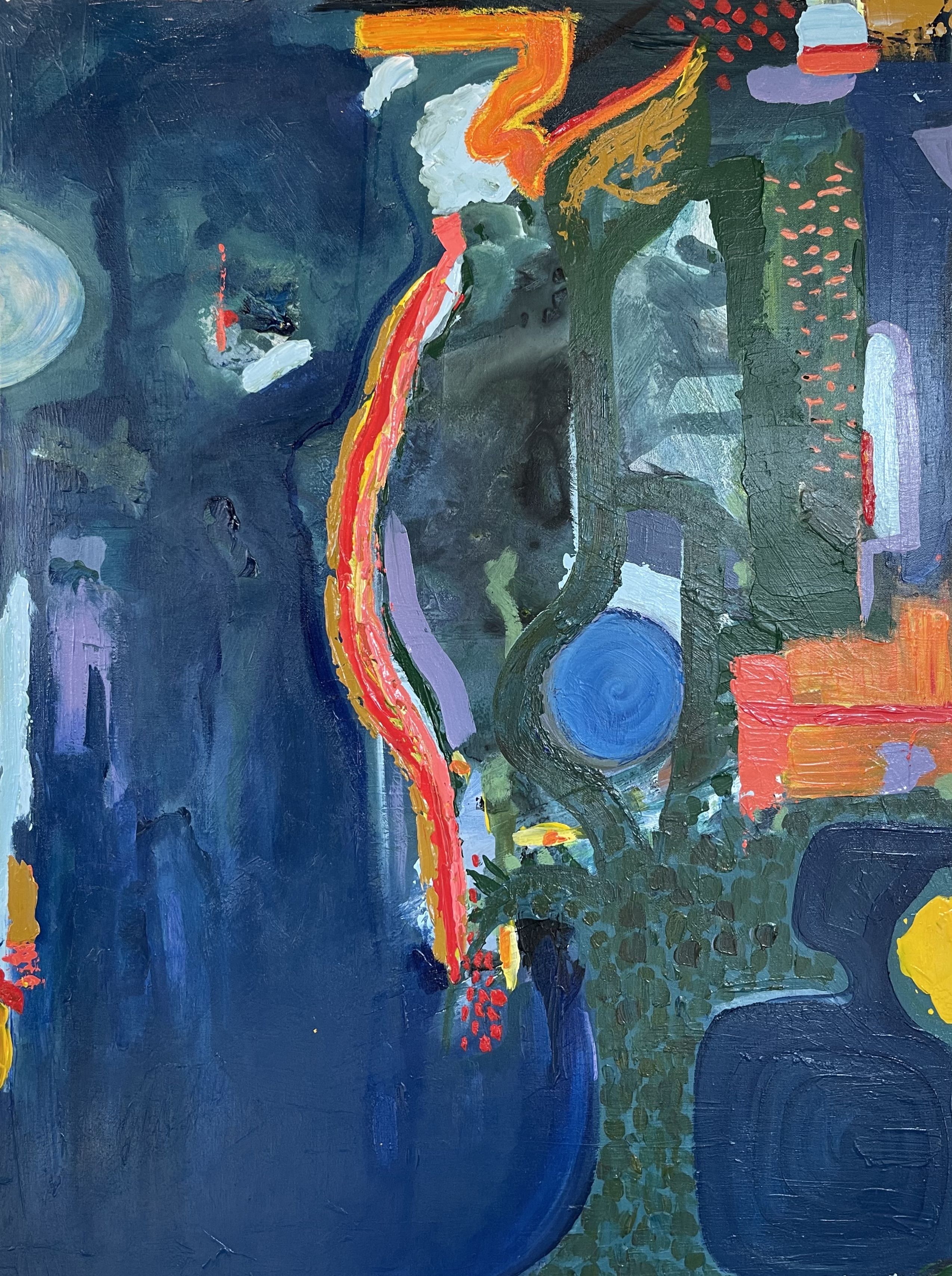 A colorful and commanding abstract painting with a teal and blue textured background, layered with contrasting coral, pink and yellow strokes providing the work with movement and emotion.