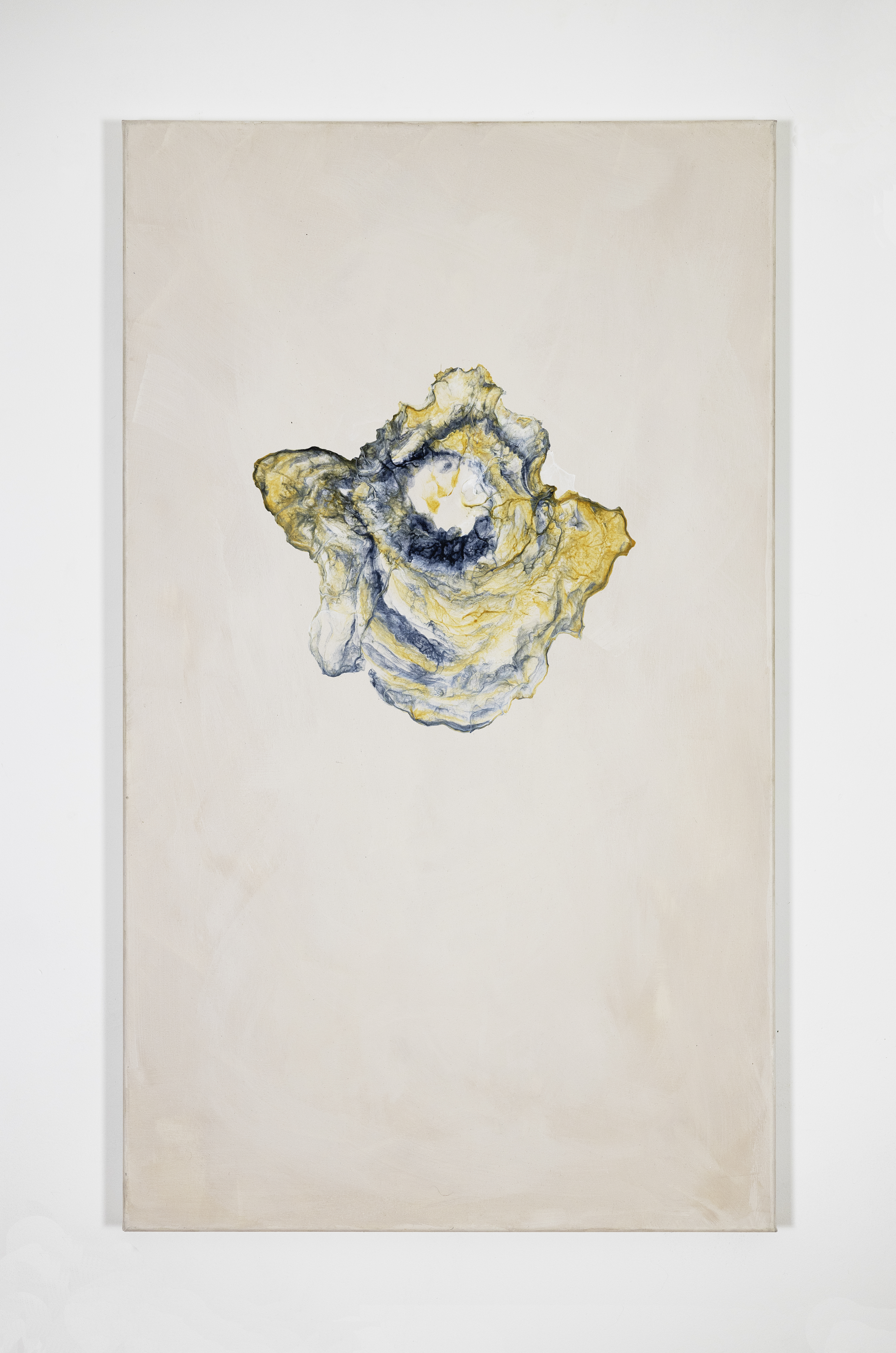 An abstract painting utilizing minimalism to focus on a core nebula of blue and yellow reticulations on a calming cream background.