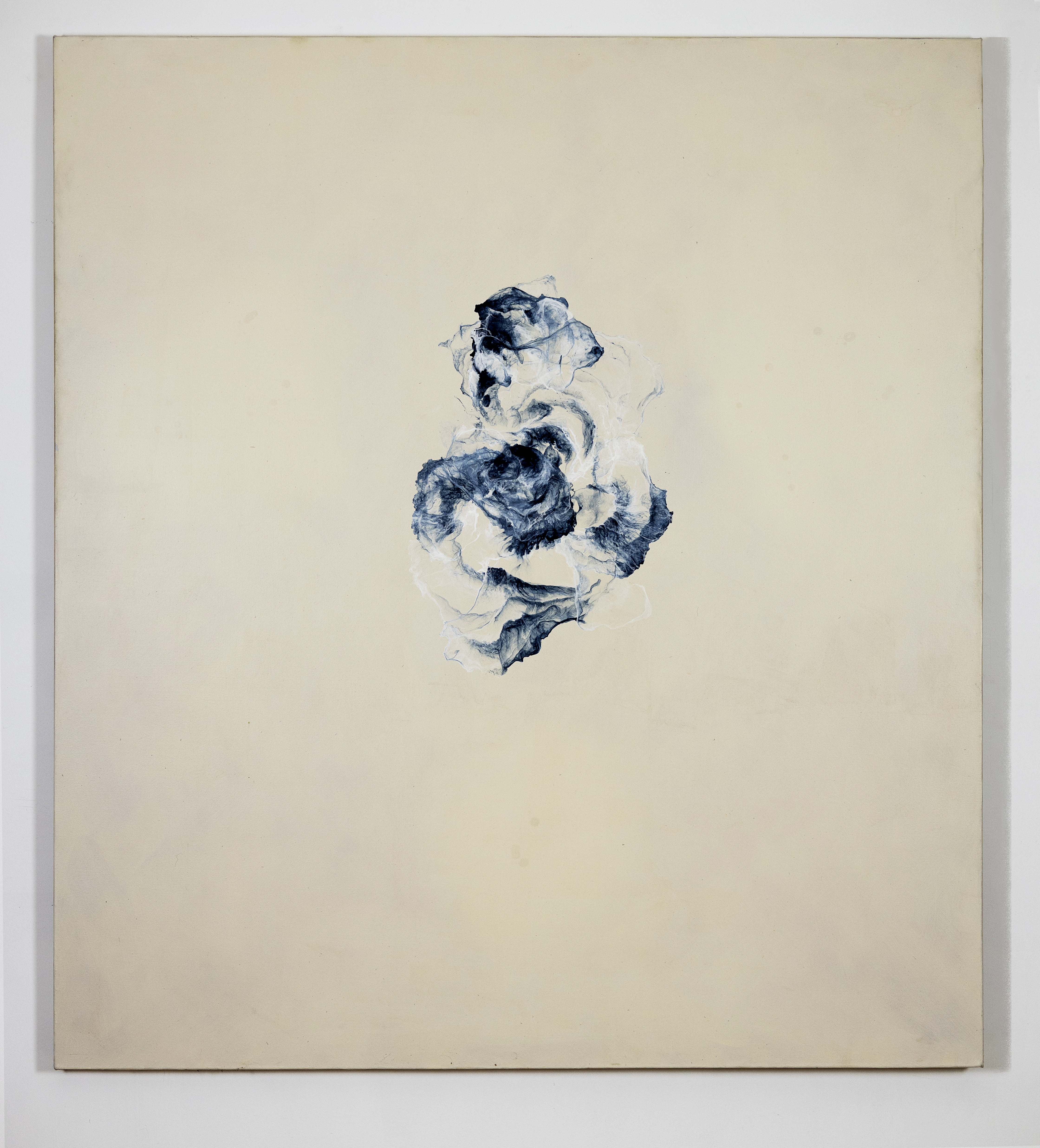 An abstract painting utilizing minimalism to focus on a core nebula of blue  reticulations on a calming background using layers of white, yellow, and red to create a subtle cream.