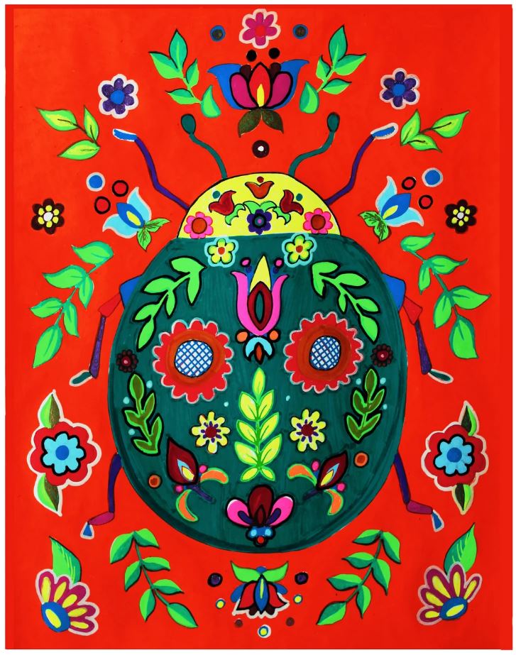 *A guache painting of a red background abstract bug that has colorful
floral designs.** The background is mainly red.*
