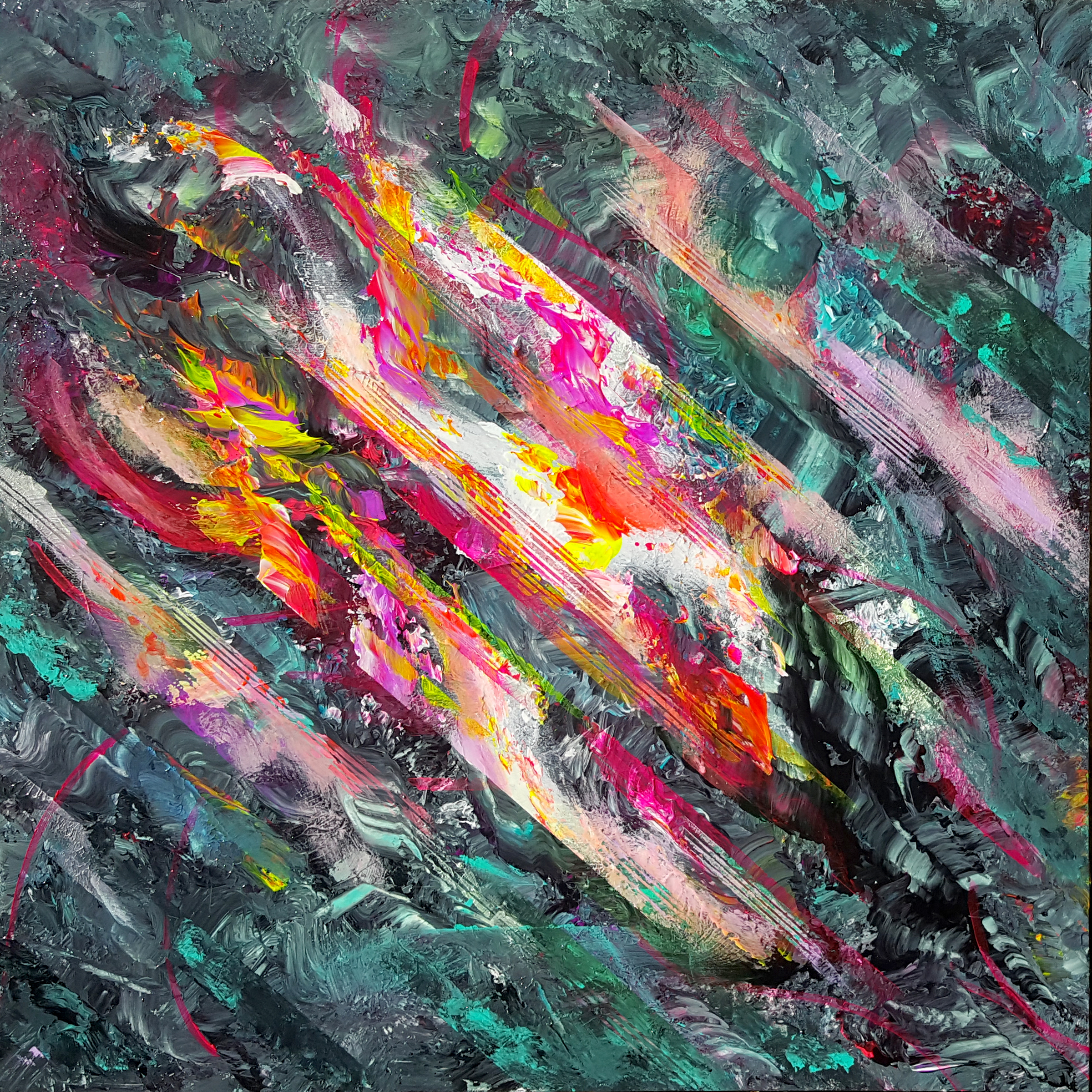 A square painting with white, pink and yellow diagonal lines emerging from a dark blue-ish-green background.